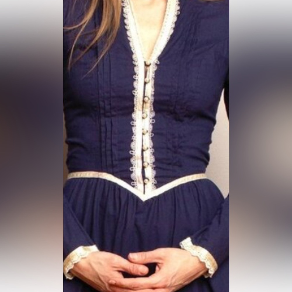 Gunne Sax Boho Prairie Western Long Sleeve Jessica Vtg 70s Ivory Lace Blue Dress - Picture 6 of 7